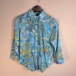 Lauren Ralph Lauren Petite Blue Paisley Cotton Button Down Shirt PM Womens